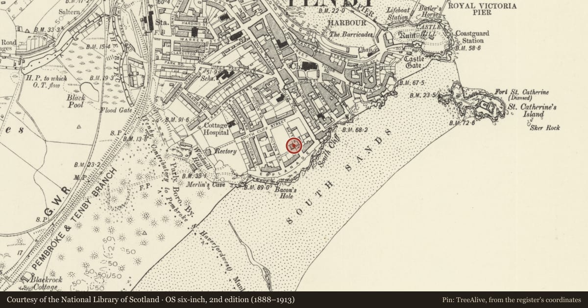 Ordnance Survey six-inch map, 2nd edition (1888–1913) covering the location of Chestnuts, Tenby, Pembrokeshire, with a pin at the register's coordinates