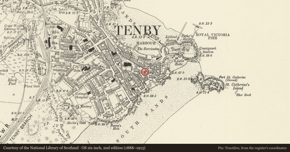 Ordnance Survey six-inch map, 2nd edition (1888–1913) covering the location of Jubilee House, Tenby, Pembrokeshire, with a pin at the register's coordinates