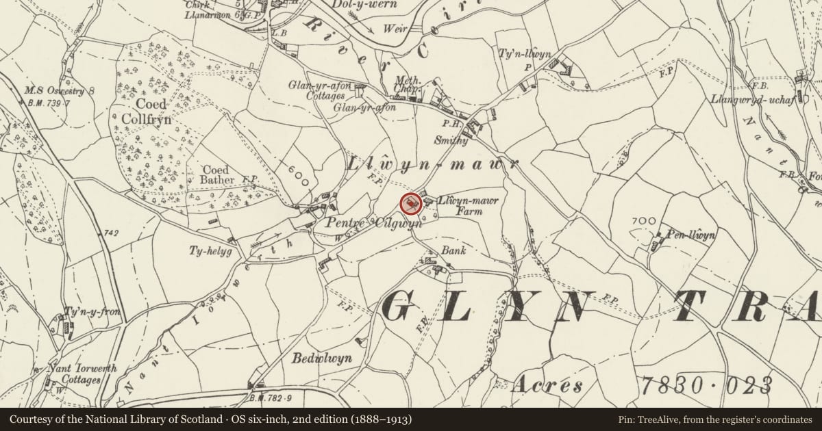 Ordnance Survey six-inch map, 2nd edition (1888–1913) covering the location of Llwynmawr Farmhouse, Glyntraian, Wrexham, with a pin at the register's coordinates