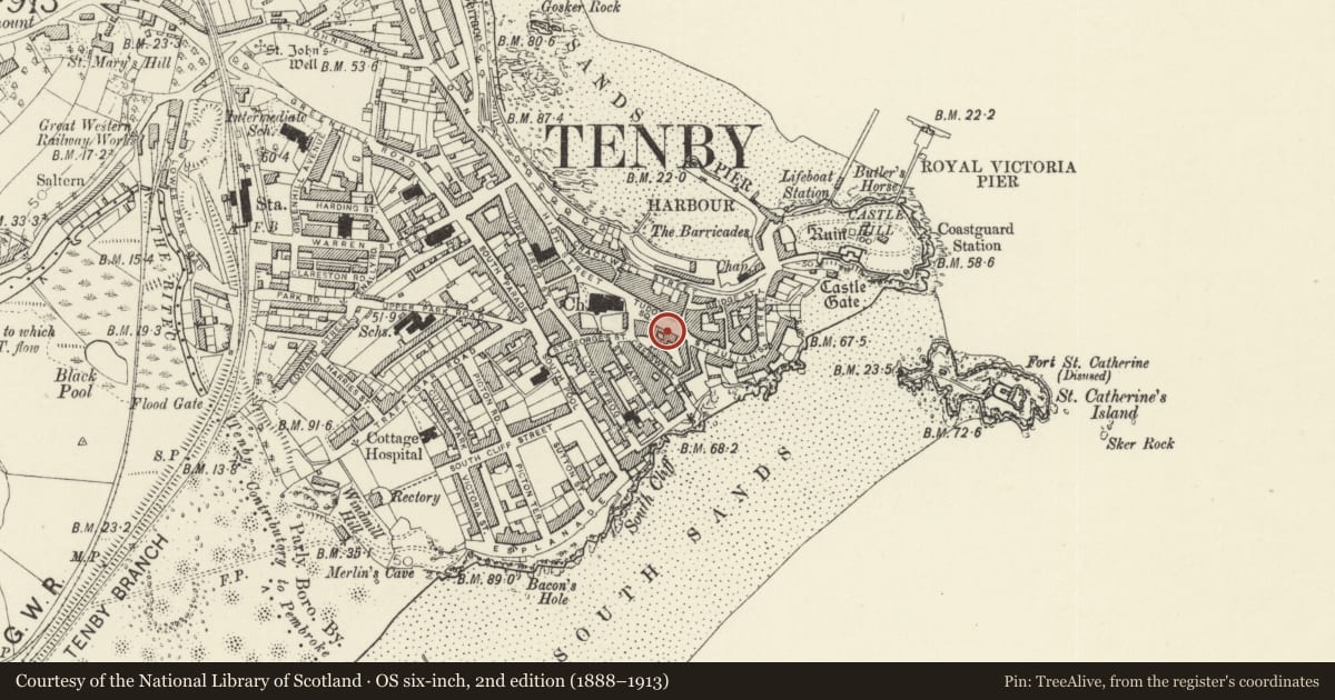 Ordnance Survey six-inch map, 2nd edition (1888–1913) covering the location of Tredegar House, Tenby, Pembrokeshire, with a pin at the register's coordinates