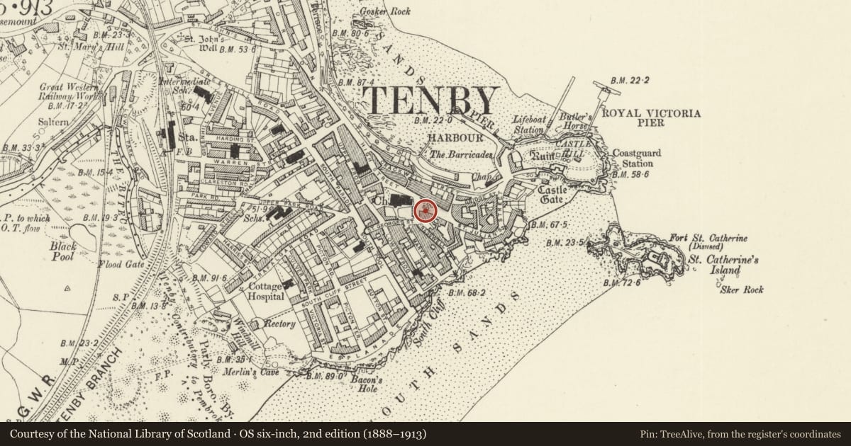 Ordnance Survey six-inch map, 2nd edition (1888–1913) covering the location of National Westminster Bank, Tenby, Pembrokeshire, with a pin at the register's coordinates