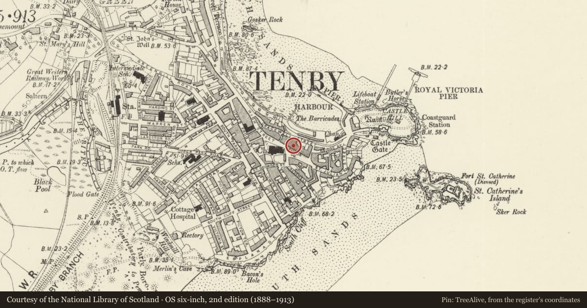 Ordnance Survey six-inch map, 2nd edition (1888–1913) covering the location of Nos 1 & 2 Gower Houses, Tenby, Pembrokeshire, with a pin at the register's coordinates