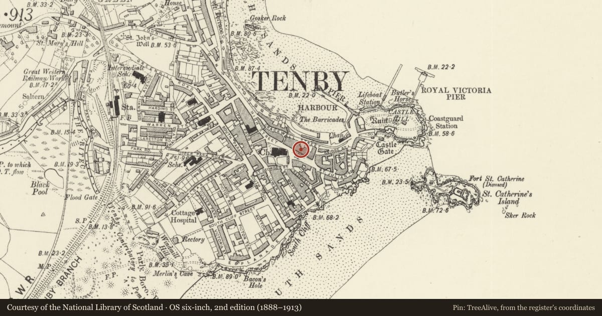Ordnance Survey six-inch map, 2nd edition (1888–1913) covering the location of Clifton House, Tenby, Pembrokeshire, with a pin at the register's coordinates
