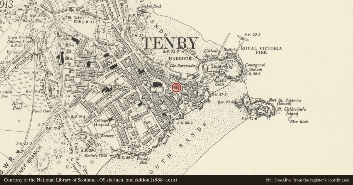 Ordnance Survey six-inch map, 2nd edition (1888–1913) covering the location of The Pam-Pam Restaurant, Tenby, Pembrokeshire, with a pin at the register's coordinates