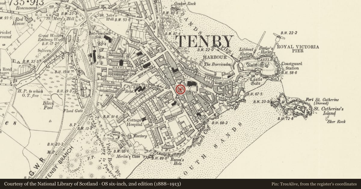 Ordnance Survey six-inch map, 2nd edition (1888–1913) covering the location of 3 Upper Frog Street, Tenby, Pembrokeshire, with a pin at the register's coordinates