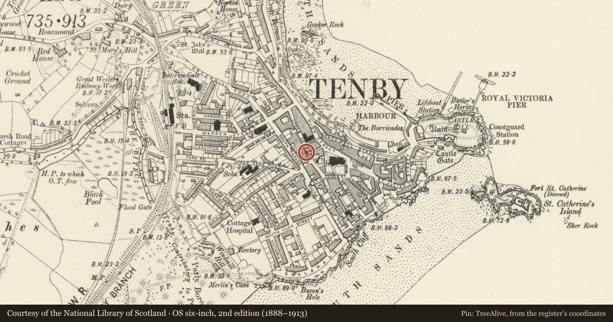 Ordnance Survey six-inch map, 2nd edition (1888–1913) covering the location of Cobra House, Tenby, Pembrokeshire, with a pin at the register's coordinates