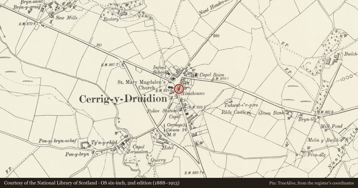Ordnance Survey six-inch map, 2nd edition (1888–1913) covering the location of Hafan Prys Almshouses, Cerrigydrudion, Conwy, with a pin at the register's coordinates