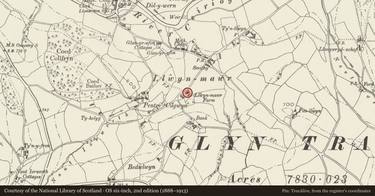 Ordnance Survey six-inch map, 2nd edition (1888–1913) covering the location of Multi-purpose Farm Building at Llwynmawr Farm, Glyntraian, Wrexham, with a pin at the register's coordinates