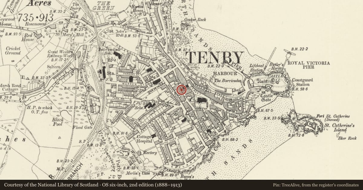 Ordnance Survey six-inch map, 2nd edition (1888–1913) covering the location of Berlin House, Tenby, Pembrokeshire, with a pin at the register's coordinates