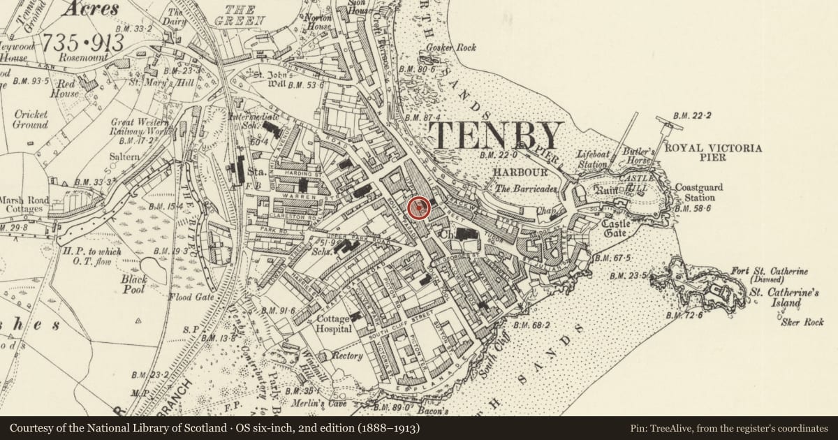 Ordnance Survey six-inch map, 2nd edition (1888–1913) covering the location of 15 Upper Frog Street, Tenby, Pembrokeshire, with a pin at the register's coordinates