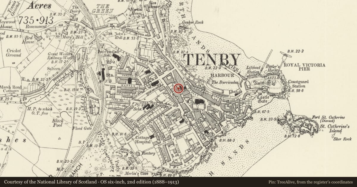 Ordnance Survey six-inch map, 2nd edition (1888–1913) covering the location of The Prince of Wales Flats, Tenby, Pembrokeshire, with a pin at the register's coordinates