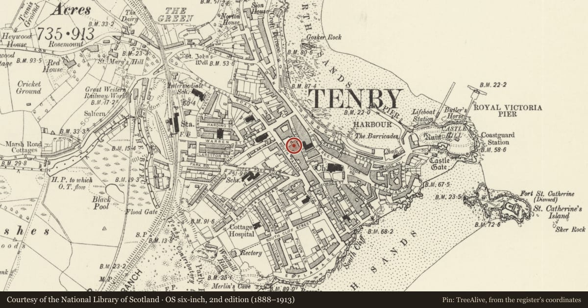 Ordnance Survey six-inch map, 2nd edition (1888–1913) covering the location of Brychan Yard, Tenby, Pembrokeshire, with a pin at the register's coordinates