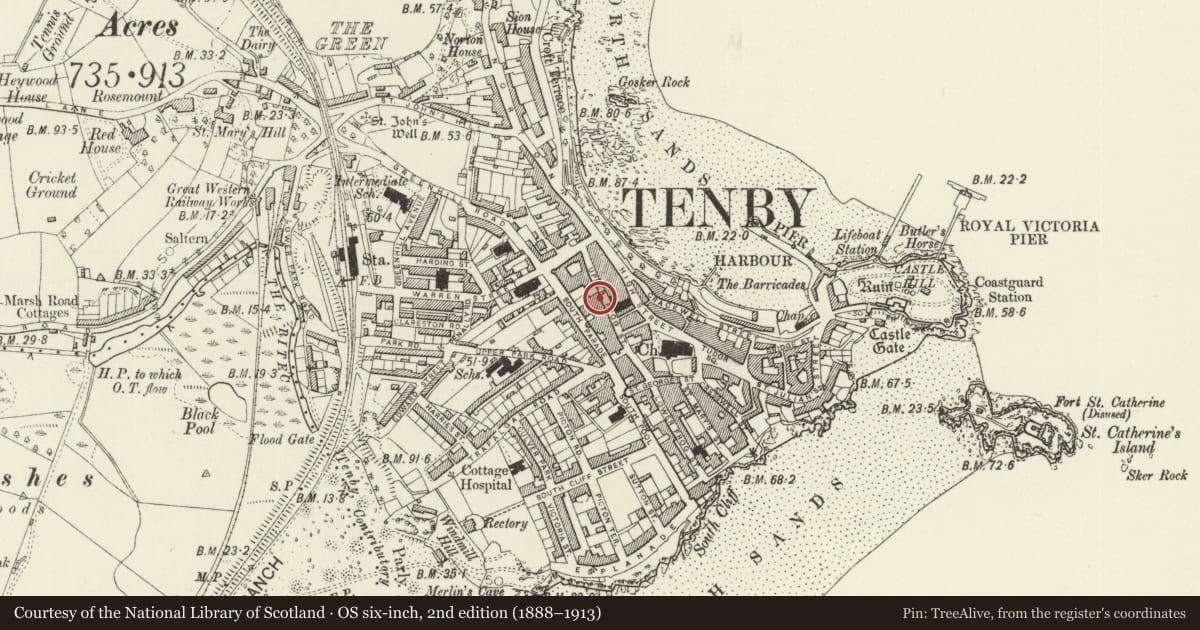 Ordnance Survey six-inch map, 2nd edition (1888–1913) covering the location of Cobbled pavement in Brychan Yard, Tenby, Pembrokeshire, with a pin at the register's coordinates