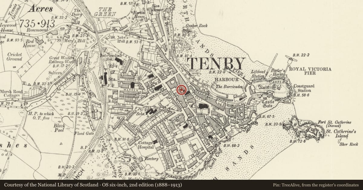 Ordnance Survey six-inch map, 2nd edition (1888–1913) covering the location of Pavement setts in front of Brychan Yard, Tenby, Pembrokeshire, with a pin at the register's coordinates