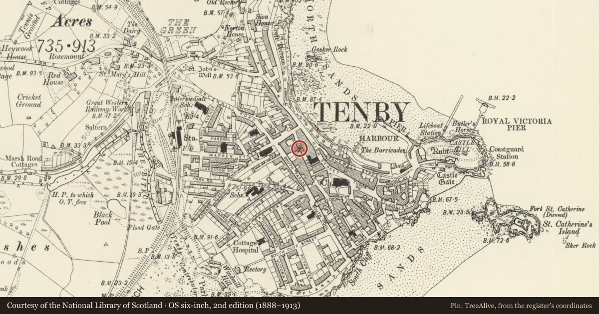 Ordnance Survey six-inch map, 2nd edition (1888–1913) covering the location of The Coach and Horses Public House, Tenby, Pembrokeshire, with a pin at the register's coordinates