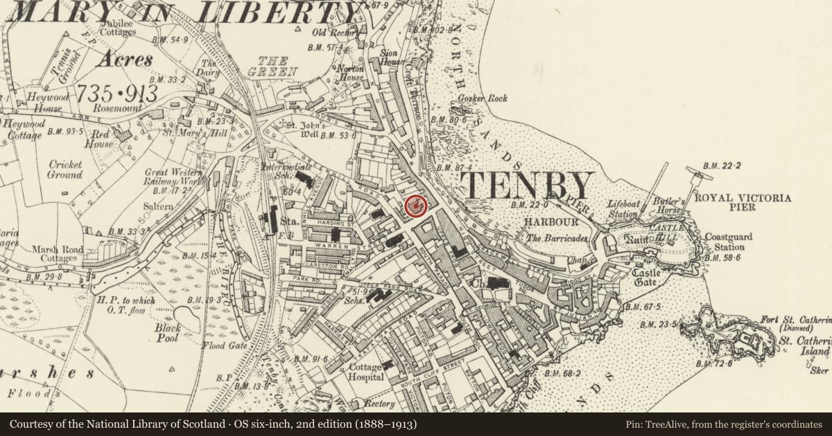 Ordnance Survey six-inch map, 2nd edition (1888–1913) covering the location of The Royal Playhouse Cinema, Tenby, Pembrokeshire, with a pin at the register's coordinates