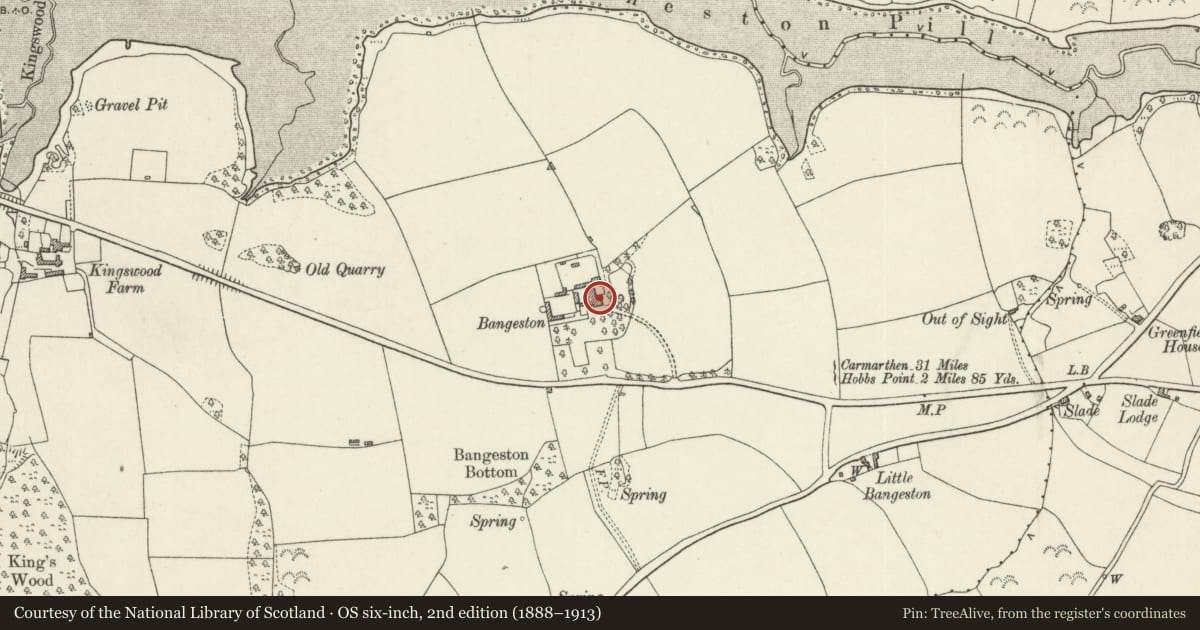 Ordnance Survey six-inch map, 2nd edition (1888–1913) covering the location of Bangeston Hall, Cosheston, Pembrokeshire, with a pin at the register's coordinates