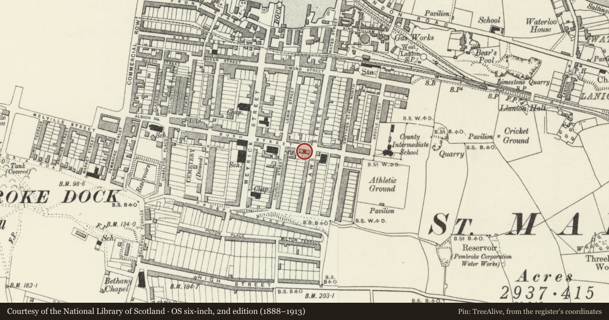 Ordnance Survey six-inch map, 2nd edition (1888–1913) covering the location of Nos 64 & 64A, Pembroke Dock, Pembrokeshire, with a pin at the register's coordinates