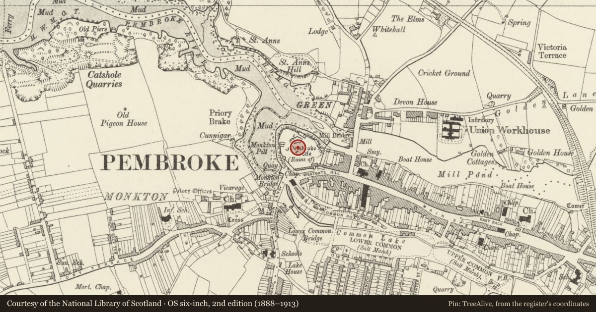 Ordnance Survey six-inch map, 2nd edition (1888–1913) covering the location of Pembroke Castle, Pembrokeshire, with a pin at the register's coordinates