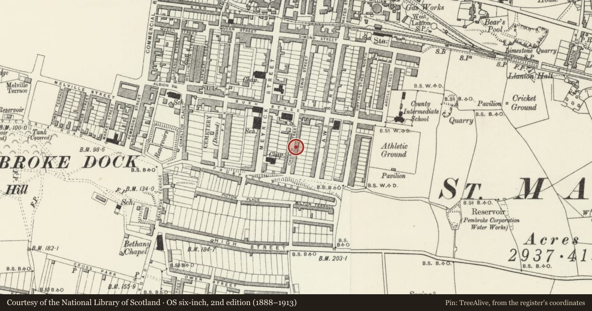 Ordnance Survey six-inch map, 2nd edition (1888–1913) covering the location of 19 Church Street, Pembroke Dock, Pembrokeshire, with a pin at the register's coordinates