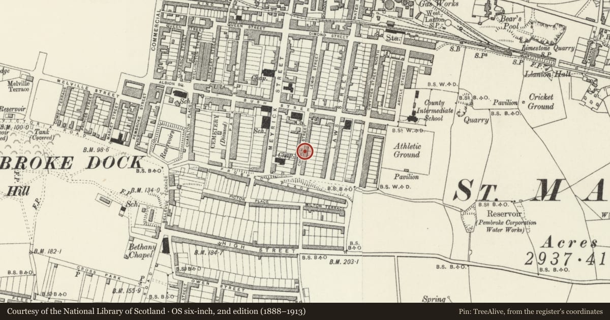 Ordnance Survey six-inch map, 2nd edition (1888–1913) covering the location of 23 Church Street, Pembroke Dock, Pembrokeshire, with a pin at the register's coordinates