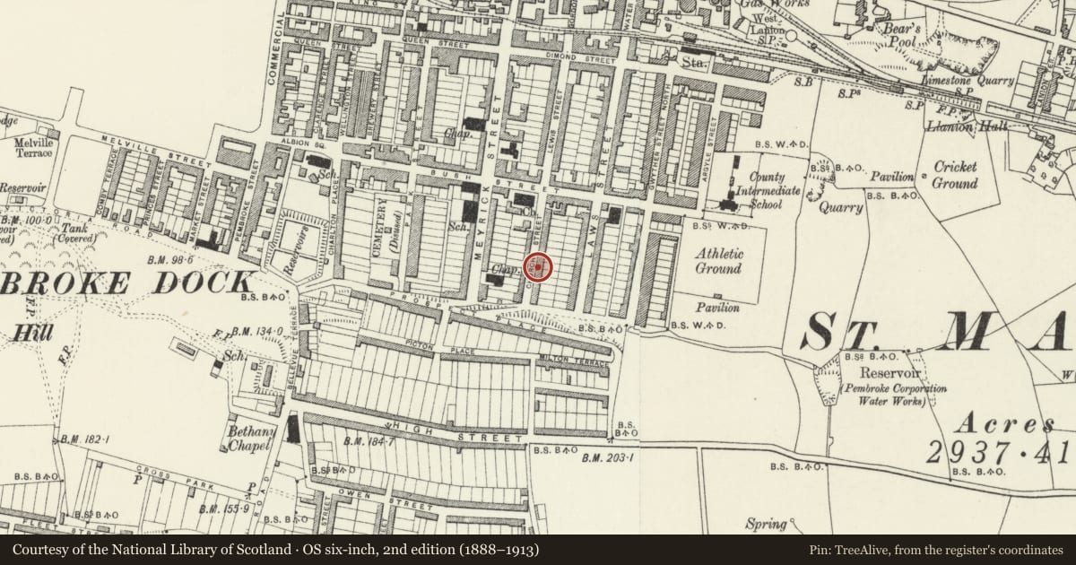 Ordnance Survey six-inch map, 2nd edition (1888–1913) covering the location of 25 Church Street, Pembroke Dock, Pembrokeshire, with a pin at the register's coordinates
