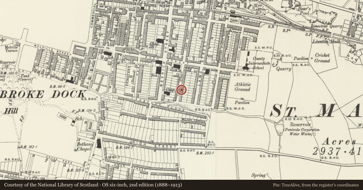Ordnance Survey six-inch map, 2nd edition (1888–1913) covering the location of 27 Church Street, Pembroke Dock, Pembrokeshire, with a pin at the register's coordinates