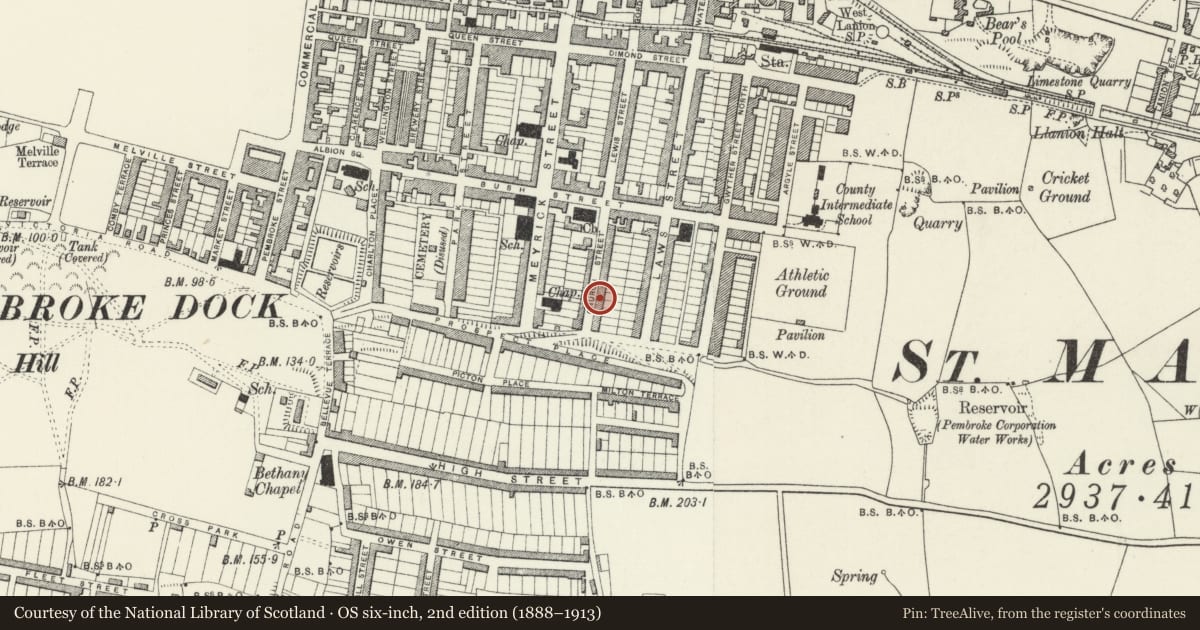 Ordnance Survey six-inch map, 2nd edition (1888–1913) covering the location of 29 Church Street, Pembroke Dock, Pembrokeshire, with a pin at the register's coordinates