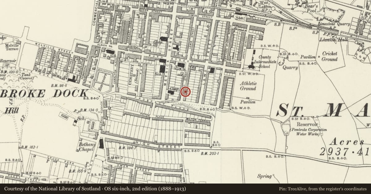 Ordnance Survey six-inch map, 2nd edition (1888–1913) covering the location of 31 Church Street, Pembroke Dock, Pembrokeshire, with a pin at the register's coordinates