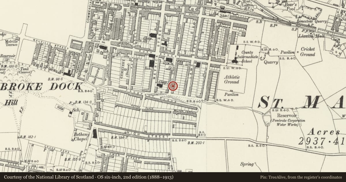 Ordnance Survey six-inch map, 2nd edition (1888–1913) covering the location of 33 Church Street, Pembroke Dock, Pembrokeshire, with a pin at the register's coordinates