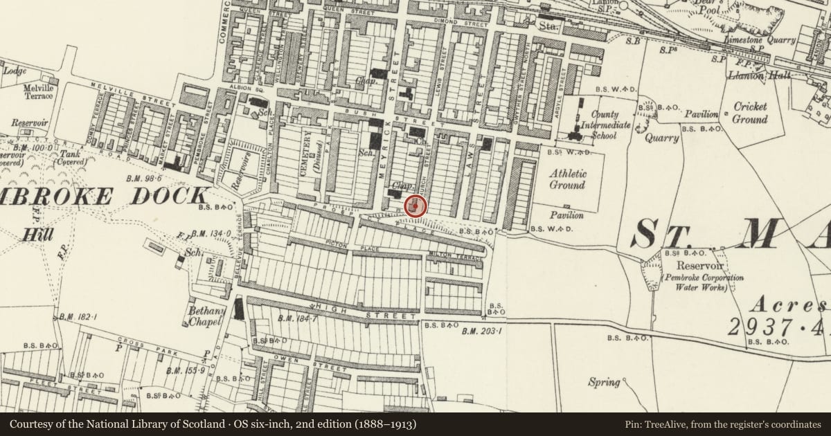 Ordnance Survey six-inch map, 2nd edition (1888–1913) covering the location of 42 Church Street, Pembroke Dock, Pembrokeshire, with a pin at the register's coordinates