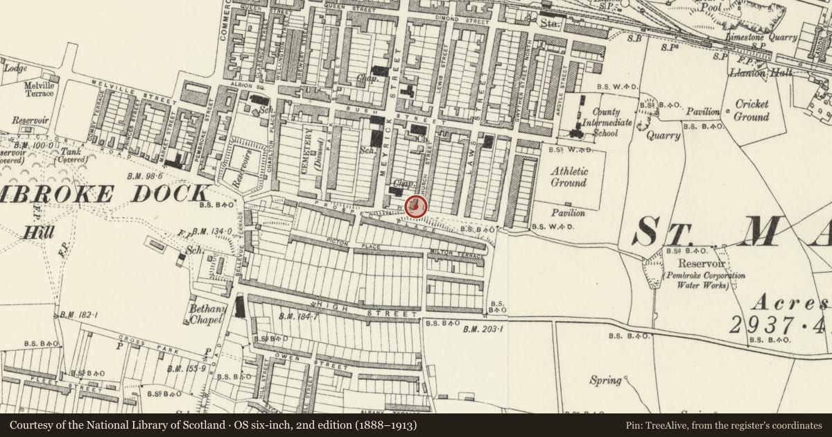 Ordnance Survey six-inch map, 2nd edition (1888–1913) covering the location of 44 Church Street, Pembroke Dock, Pembrokeshire, with a pin at the register's coordinates