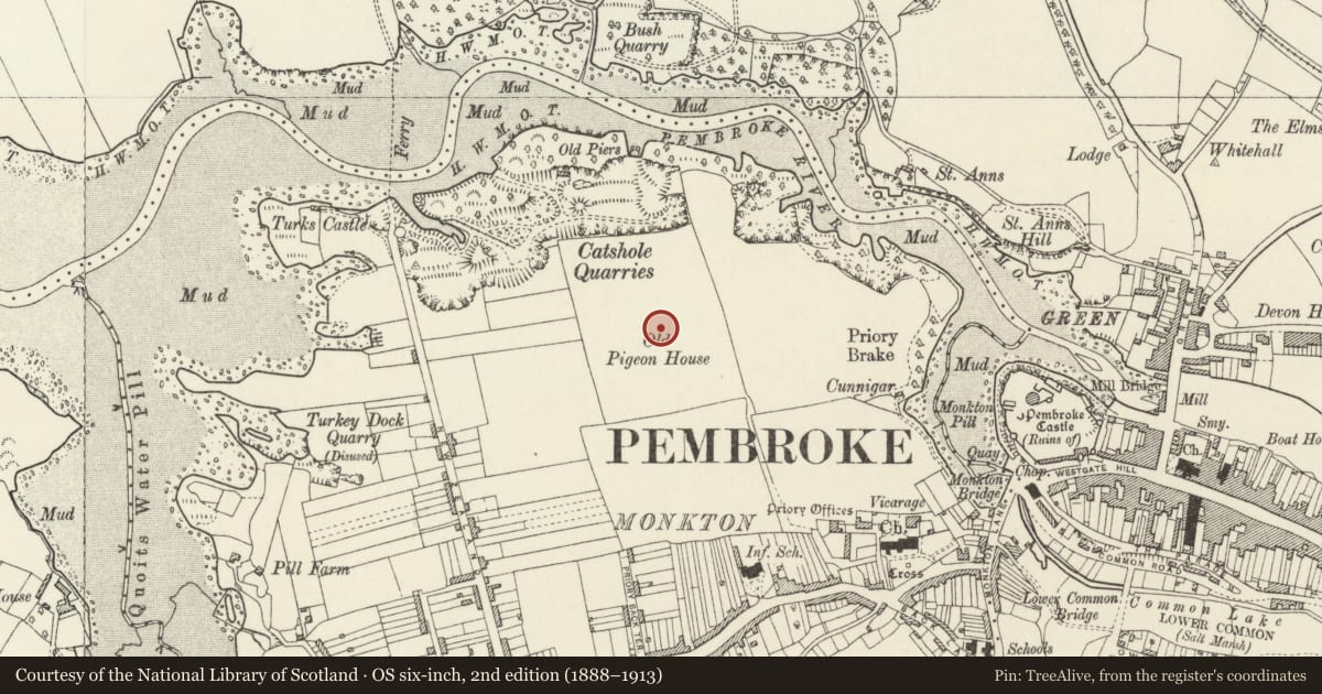 Ordnance Survey six-inch map, 2nd edition (1888–1913) covering the location of Dovecote in field to NW of Priory Farmhouse, Pembroke, Pembrokeshire, with a pin at the register's coordinates
