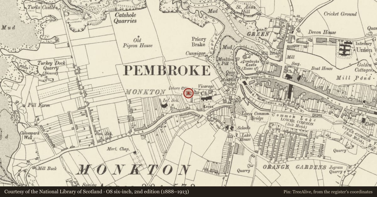 Ordnance Survey six-inch map, 2nd edition (1888–1913) covering the location of Priory Farmhouse, Pembroke, Pembrokeshire, with a pin at the register's coordinates