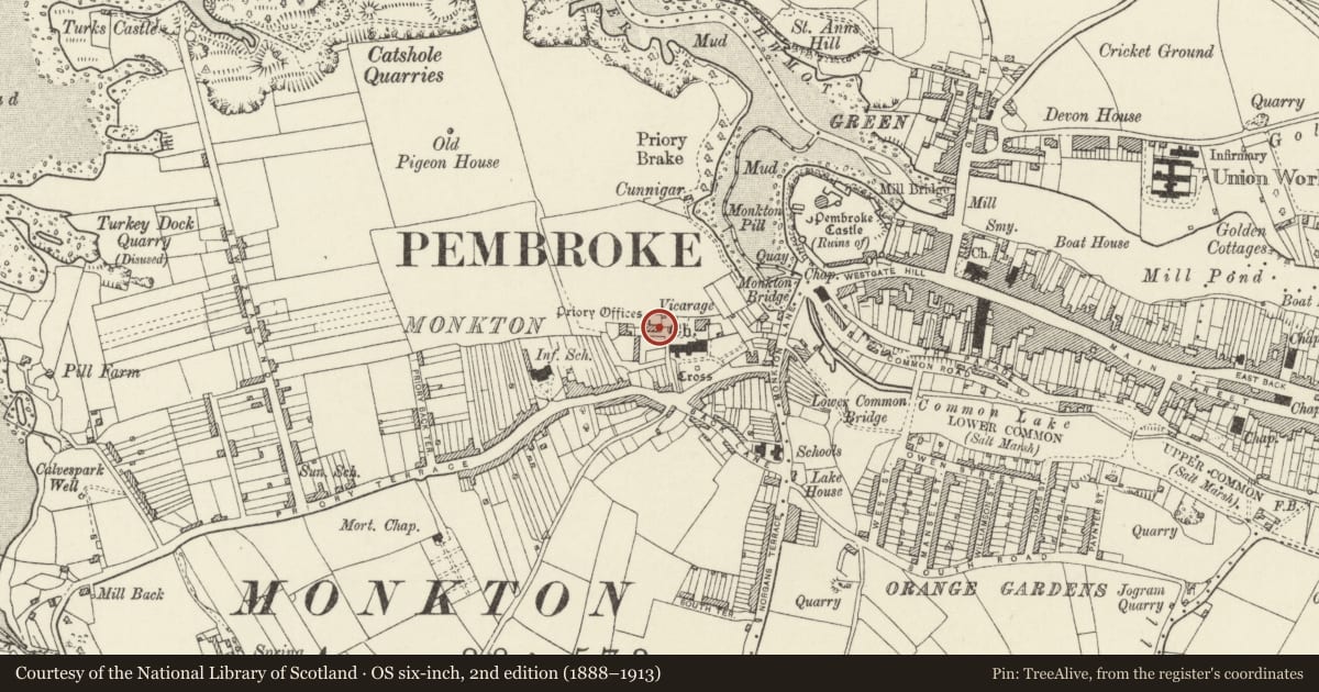 Ordnance Survey six-inch map, 2nd edition (1888–1913) covering the location of Ruinous Outbuilding to E of Priory Farmhouse, Pembroke, Pembrokeshire, with a pin at the register's coordinates