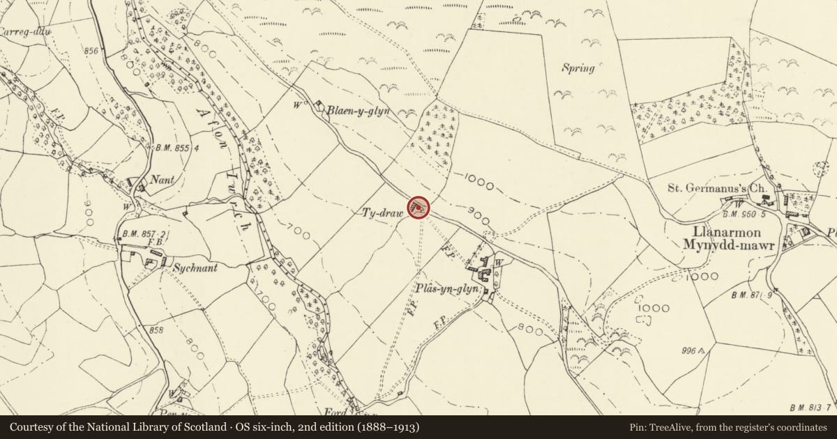 Ordnance Survey six-inch map, 2nd edition (1888–1913) covering the location of Ty-draw, Llanrhaeadr-ym-Mochnant, Powys, with a pin at the register's coordinates