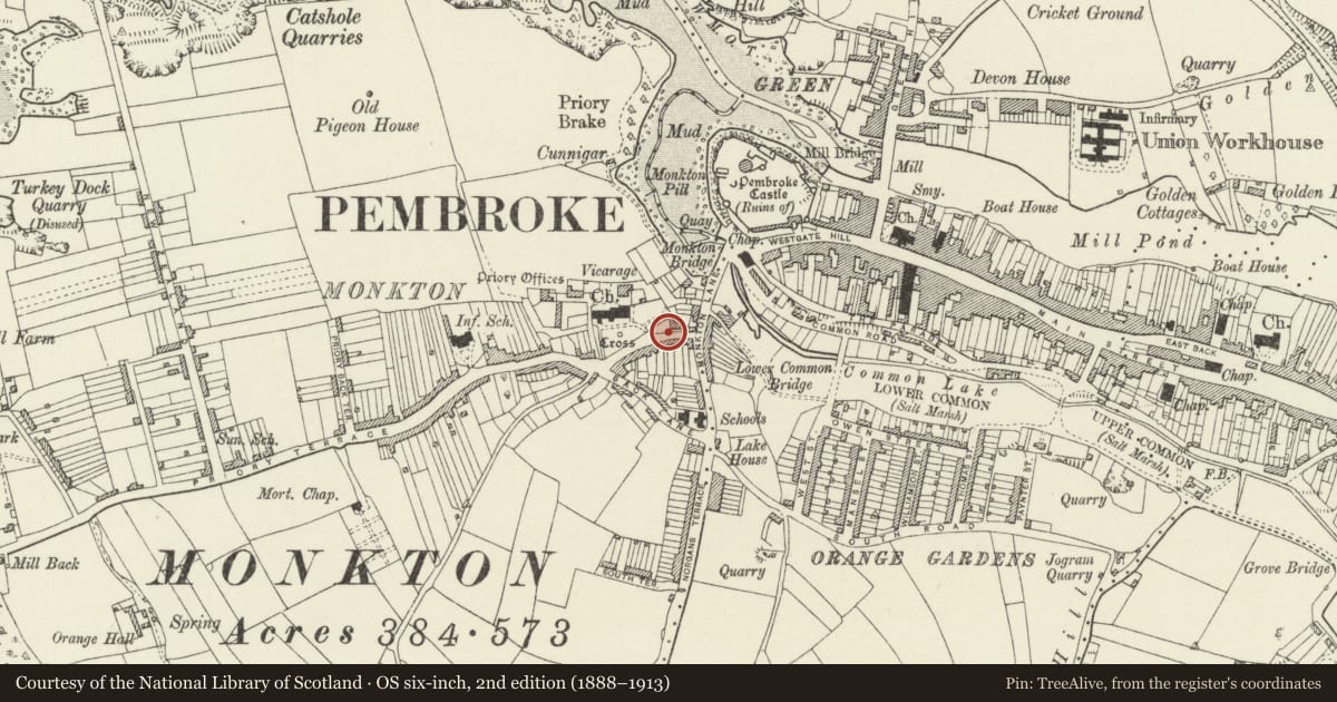 Ordnance Survey six-inch map, 2nd edition (1888–1913) covering the location of Retaining wall and garden wall to Monkton Old Hall, Pembroke, Pembrokeshire, with a pin at the register's coordinates