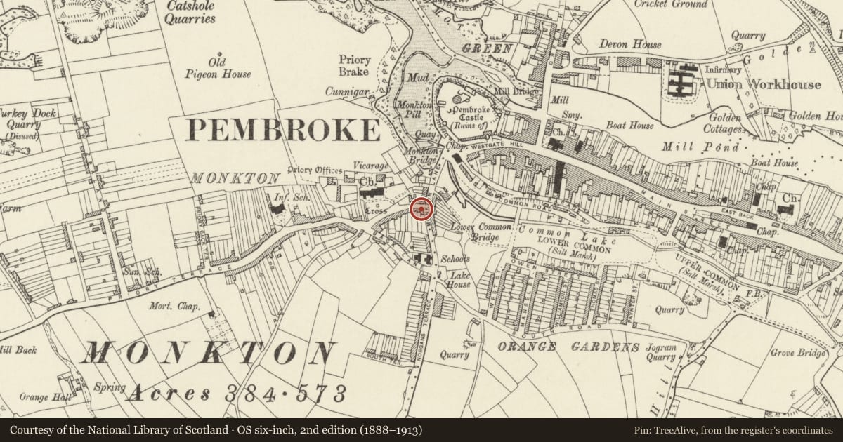 Ordnance Survey six-inch map, 2nd edition (1888–1913) covering the location of Prospect Cottage, Pembroke, Pembrokeshire, with a pin at the register's coordinates
