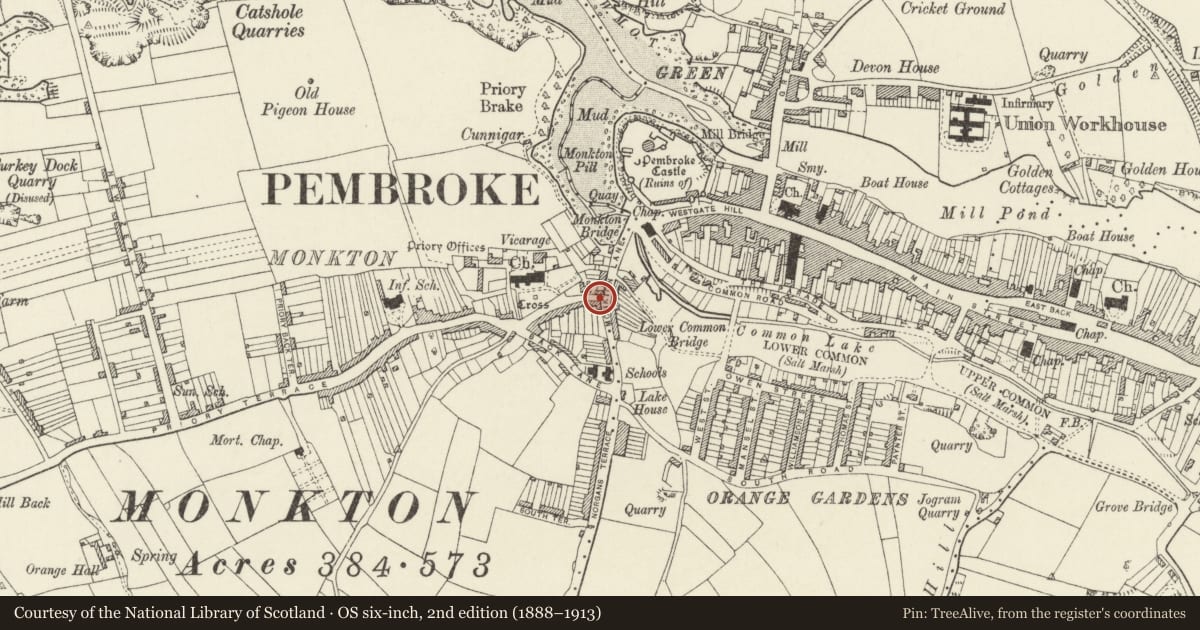 Ordnance Survey six-inch map, 2nd edition (1888–1913) covering the location of Forecourt retaining wall to Nos. 1 and 2 Church Terrace, Pembroke, Pembrokeshire, with a pin at the register's coordinates