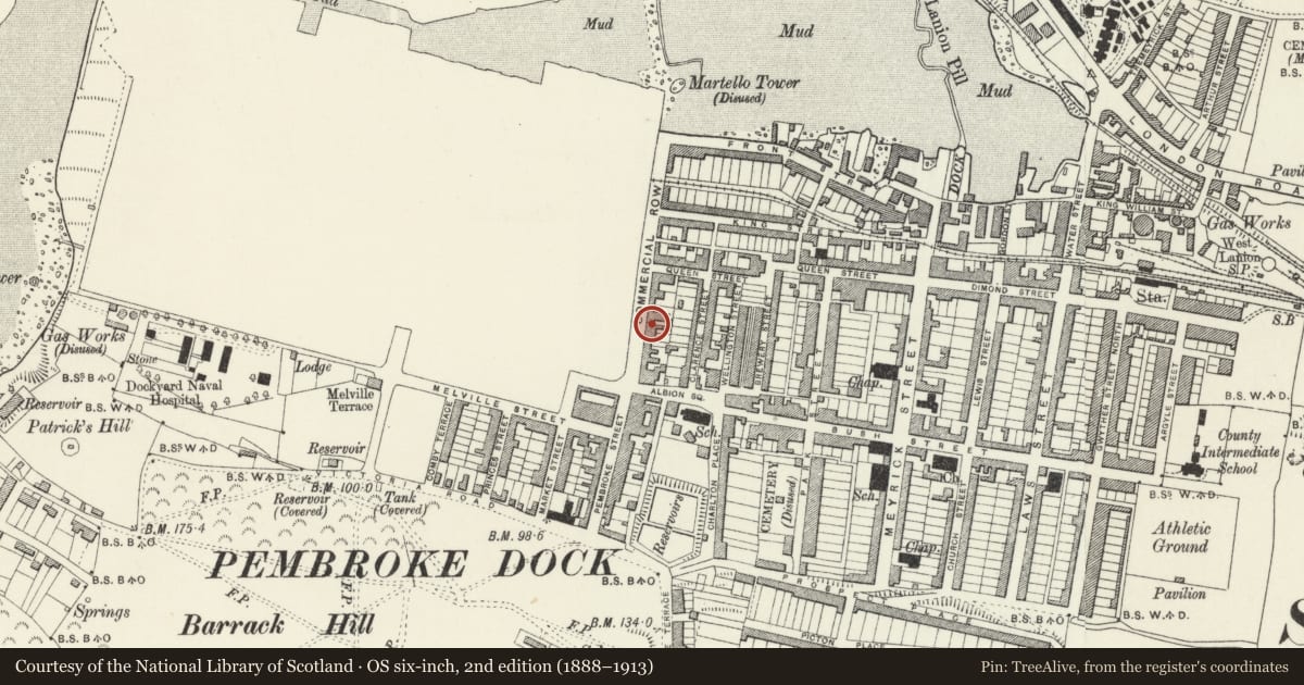 Ordnance Survey six-inch map, 2nd edition (1888–1913) covering the location of 18 Commercial Row, Pembroke Dock, Pembrokeshire, with a pin at the register's coordinates