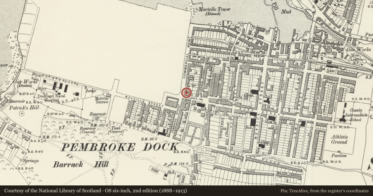 Ordnance Survey six-inch map, 2nd edition (1888–1913) covering the location of 27 & 27A, Pembroke Dock, Pembrokeshire, with a pin at the register's coordinates