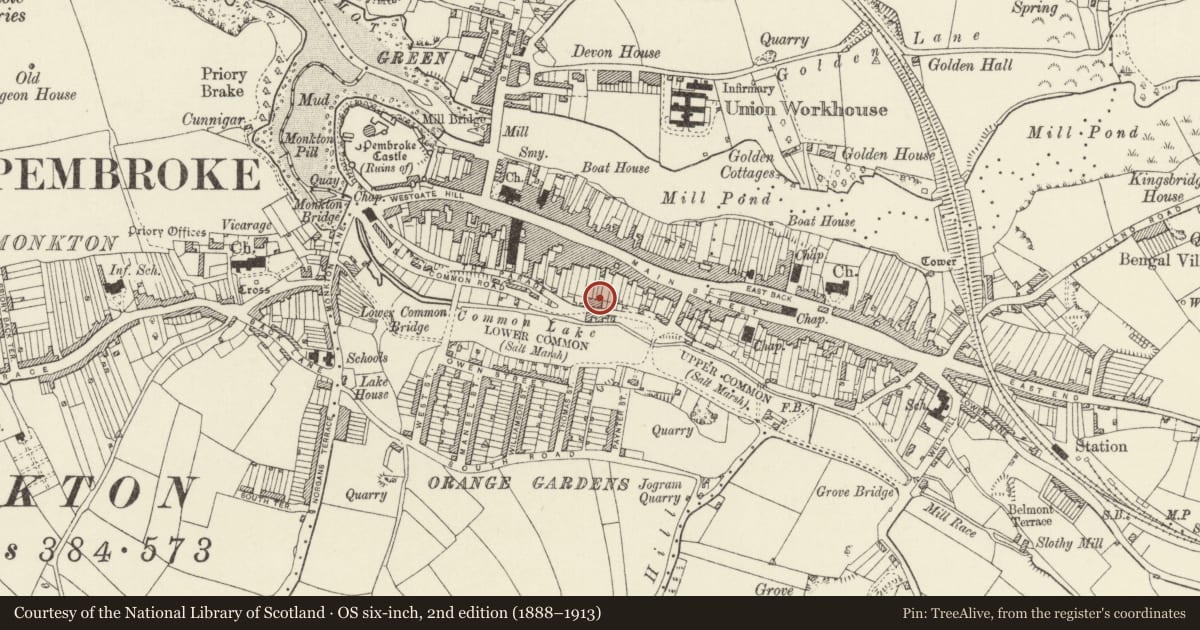 Ordnance Survey six-inch map, 2nd edition (1888–1913) covering the location of Garden walls to rear of Nos. 37-43 Main Street, Pembroke, Pembrokeshire, with a pin at the register's coordinates