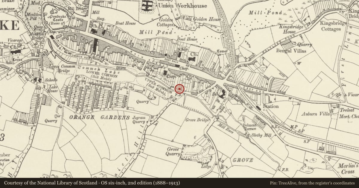 Ordnance Survey six-inch map, 2nd edition (1888–1913) covering the location of Walls on line of medieval town walls, including two medieval towers, gazebo, and lime-kiln, Pembroke, Pembrokeshire, with a pin at the register's coordinates