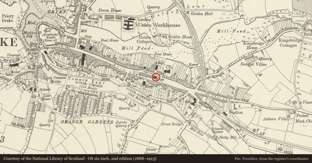 Ordnance Survey six-inch map, 2nd edition (1888–1913) covering the location of Wesley Chapel, Pembroke, Pembrokeshire, with a pin at the register's coordinates