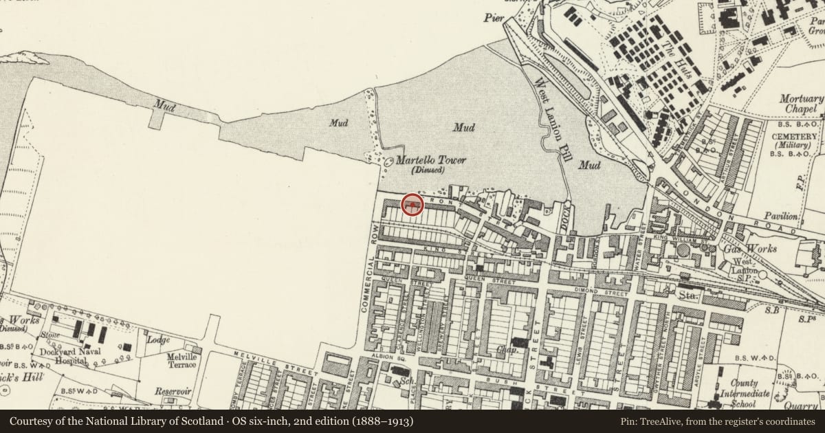 Ordnance Survey six-inch map, 2nd edition (1888–1913) covering the location of 10 Front Street, Pembroke Dock, Pembrokeshire, with a pin at the register's coordinates
