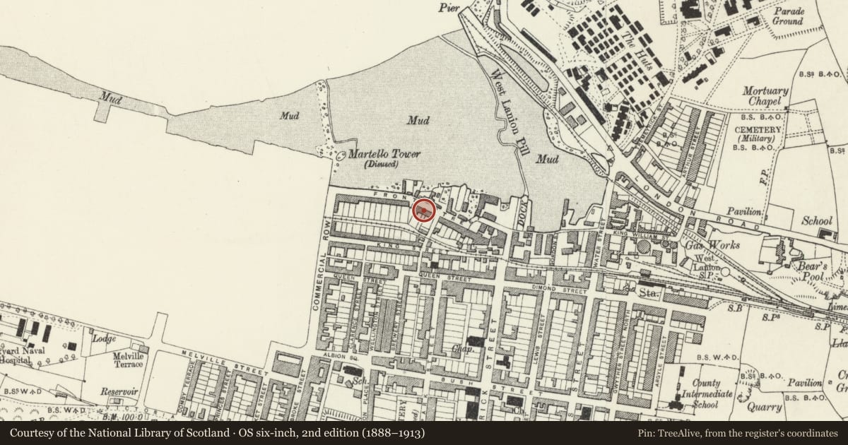 Ordnance Survey six-inch map, 2nd edition (1888–1913) covering the location of 27 Front Street, Pembroke Dock, Pembrokeshire, with a pin at the register's coordinates