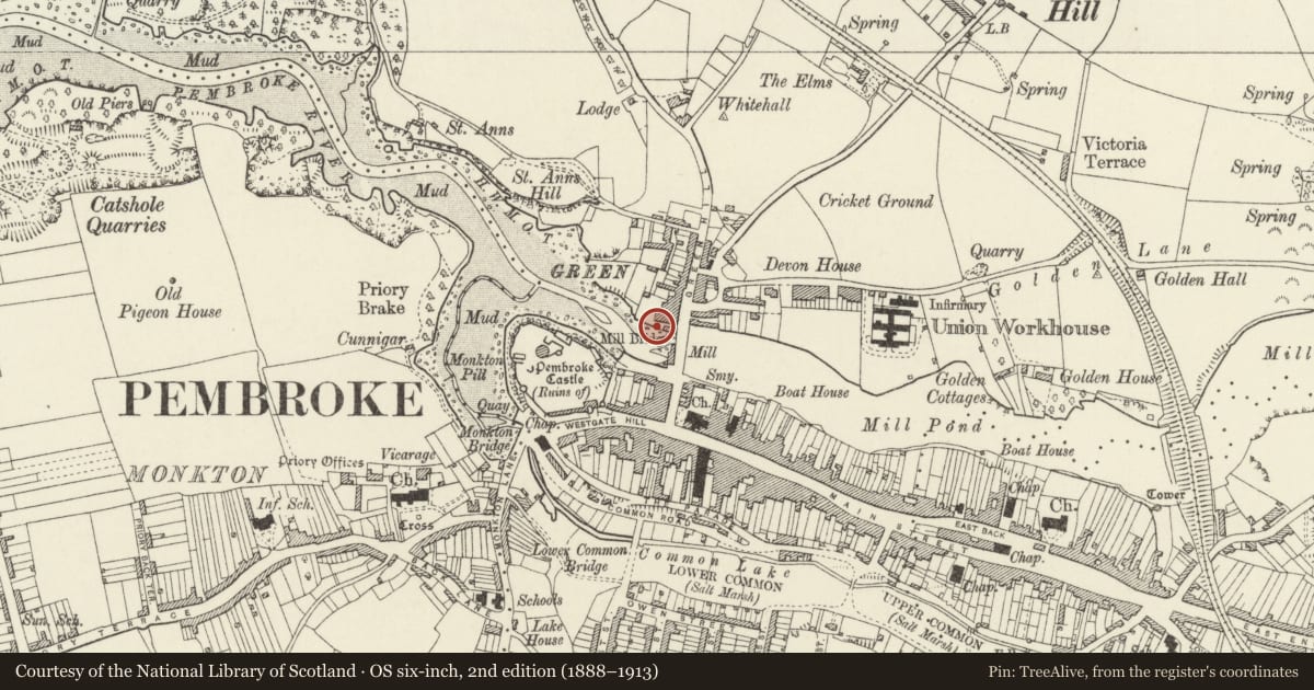 Ordnance Survey six-inch map, 2nd edition (1888–1913) covering the location of The North Quay, Pembroke, Pembrokeshire, with a pin at the register's coordinates