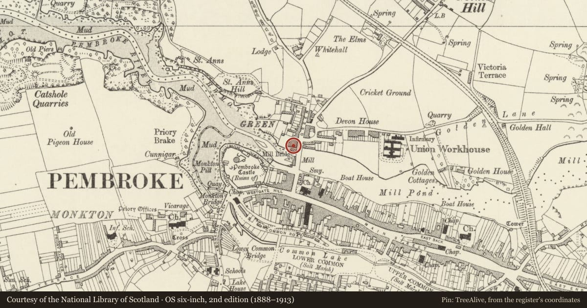 Ordnance Survey six-inch map, 2nd edition (1888–1913) covering the location of The Cornstore, Pembroke, Pembrokeshire, with a pin at the register's coordinates