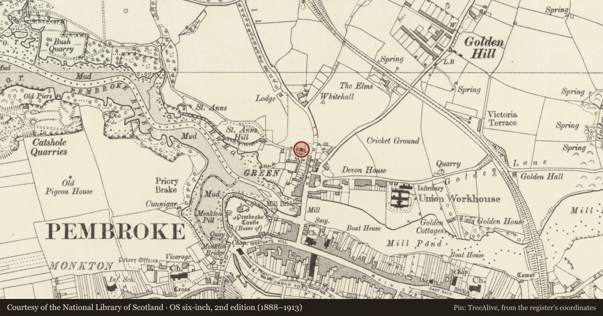 Ordnance Survey six-inch map, 2nd edition (1888–1913) covering the location of Springfield, Pembroke, Pembrokeshire, with a pin at the register's coordinates