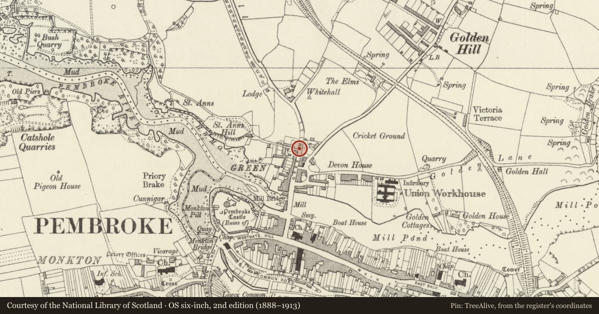 Ordnance Survey six-inch map, 2nd edition (1888–1913) covering the location of Enclosing garden walls to E of Springfield, Pembroke, Pembrokeshire, with a pin at the register's coordinates